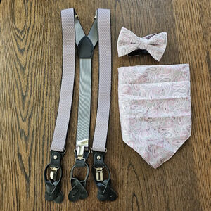 Suspender Pre-Tied Bowtie and Pocket Square Set Fits All One Size
